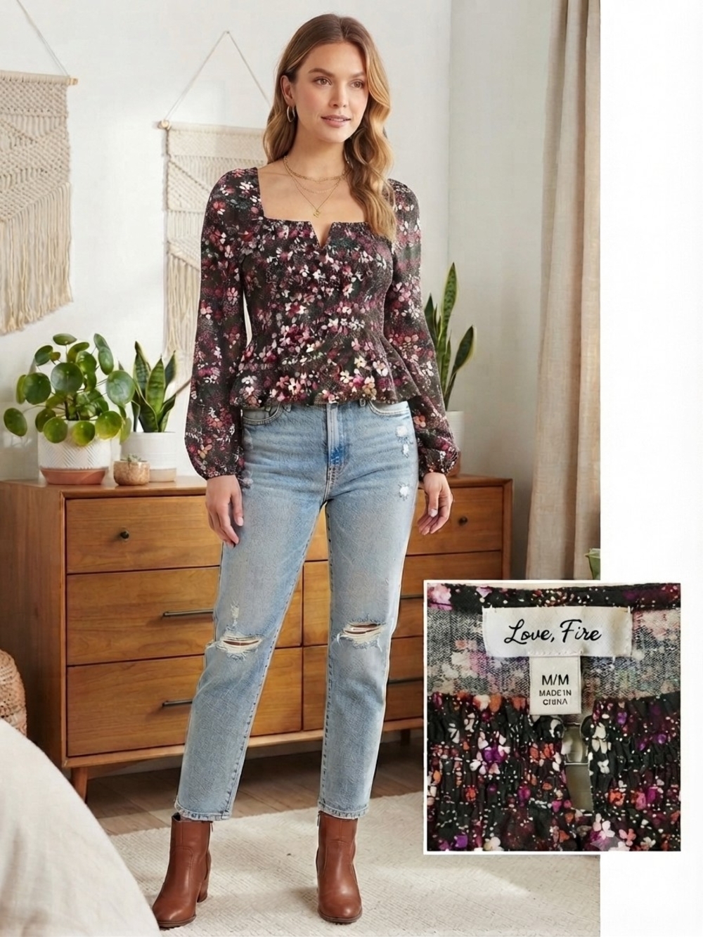 Love,Fire Dark Green Floral Square Neck Peasant/Peplum Top M